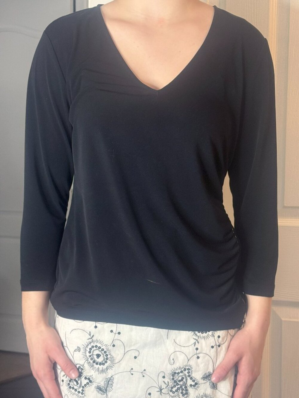 Calvin Klein Black V-Neck Ruched Top with Gold Side Zipper fits Medium Large